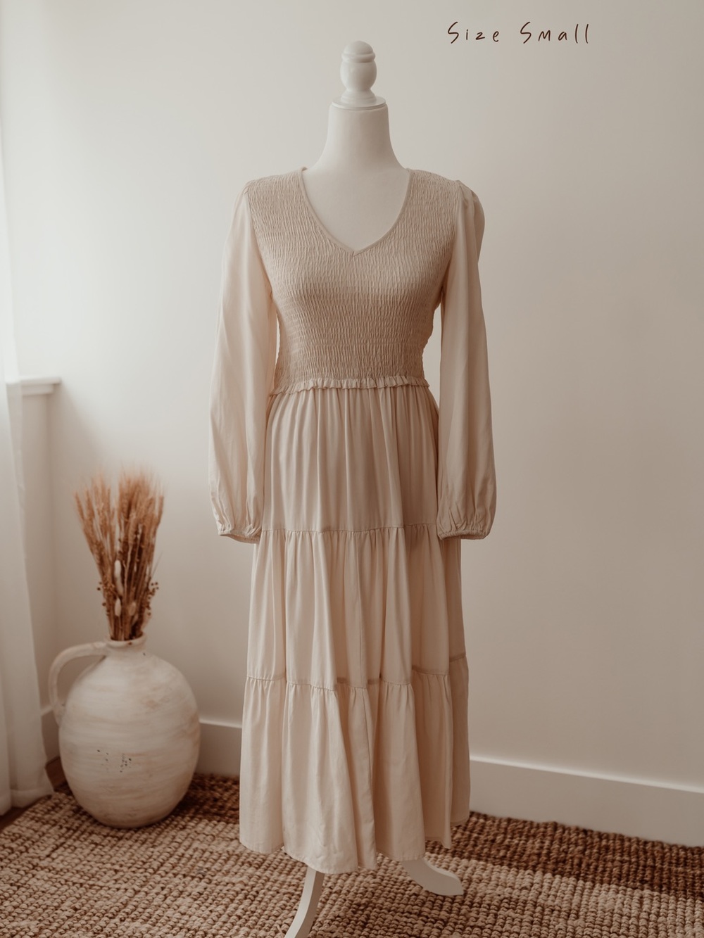 Bohme Smocked V-Neck Long Sleeve Tiered Midi Dress - Cream